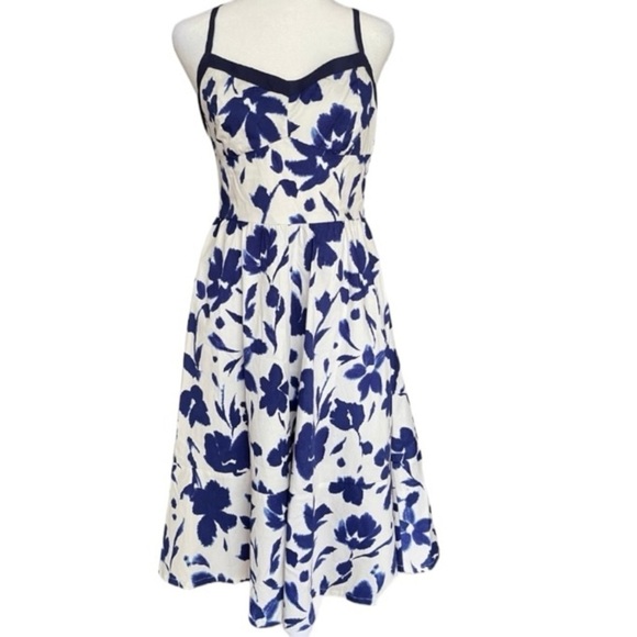 NWOT Allen B Schwartz Bustier Corset Retro Floral Spring Tea Dress Blue Large - Picture 2 of 12